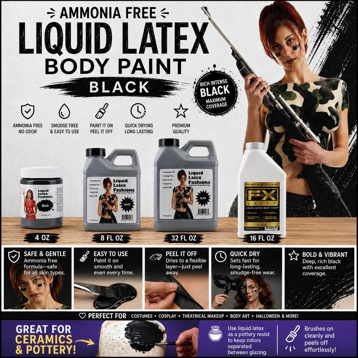 Liquid Latex - Face and Body Paint, Ammonia Free, Easy On and Off, Cosplay Makeup, Create Professional Monster, Zombie Arts 16 Oz (Black) Beauty & Personal Care Liquid Latex Fashions