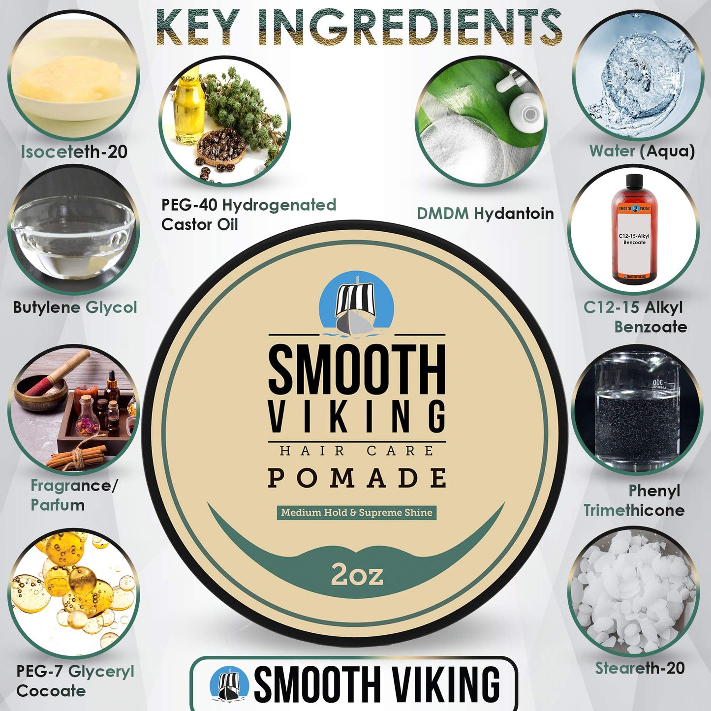 Smooth Viking Medium Hold & High Shine Pomade - Water Based Hair Cream for Curly, Thick & Straight Hair - Men's Hair Product - Made in USA, 2oz Beauty & Personal Care SMOOTH VIKING BEARD CARE