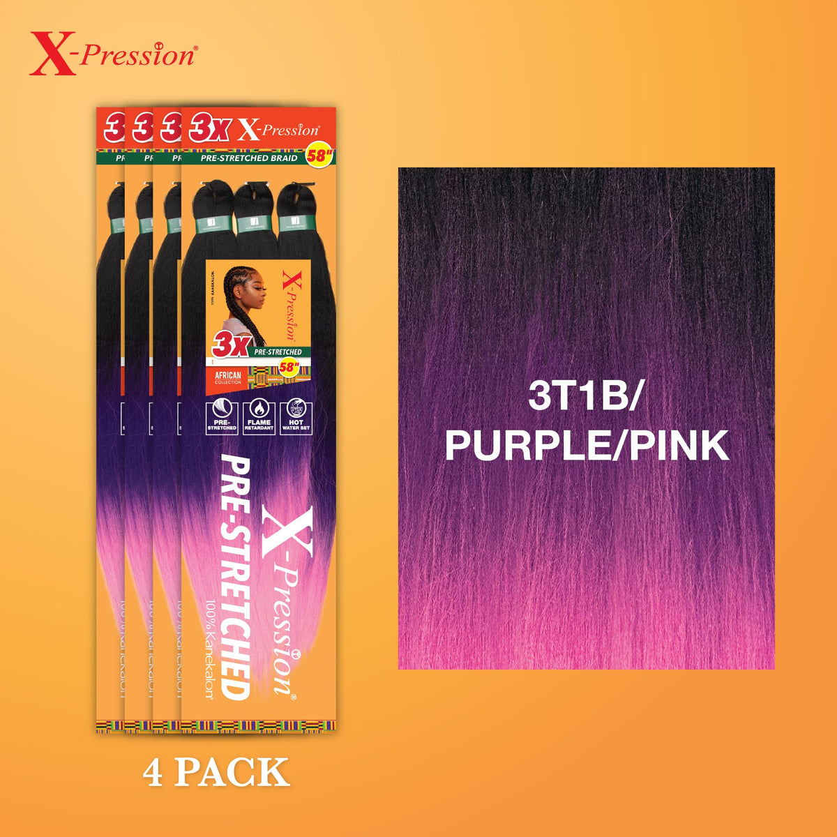 Sensationnel X-Pression Prestretched Braids-3X 58in,4pk 3T1B/PURPLE/PINK