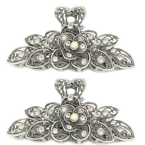 2 Pcs Women Retro Chic Rhinestone Alloy Fancy Hair Claw Jaw Clips Pins -Vintage Flowers Hair Catch Updo Grip Hair Accessories for Thick Hair Beauty & Personal Care Kukiwhy