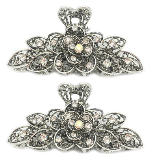2 Pcs Women Retro Chic Rhinestone Alloy Fancy Hair Claw Jaw Clips Pins -Vintage Flowers Hair Catch Updo Grip Hair Accessories for Thick Hair Beauty & Personal Care Kukiwhy