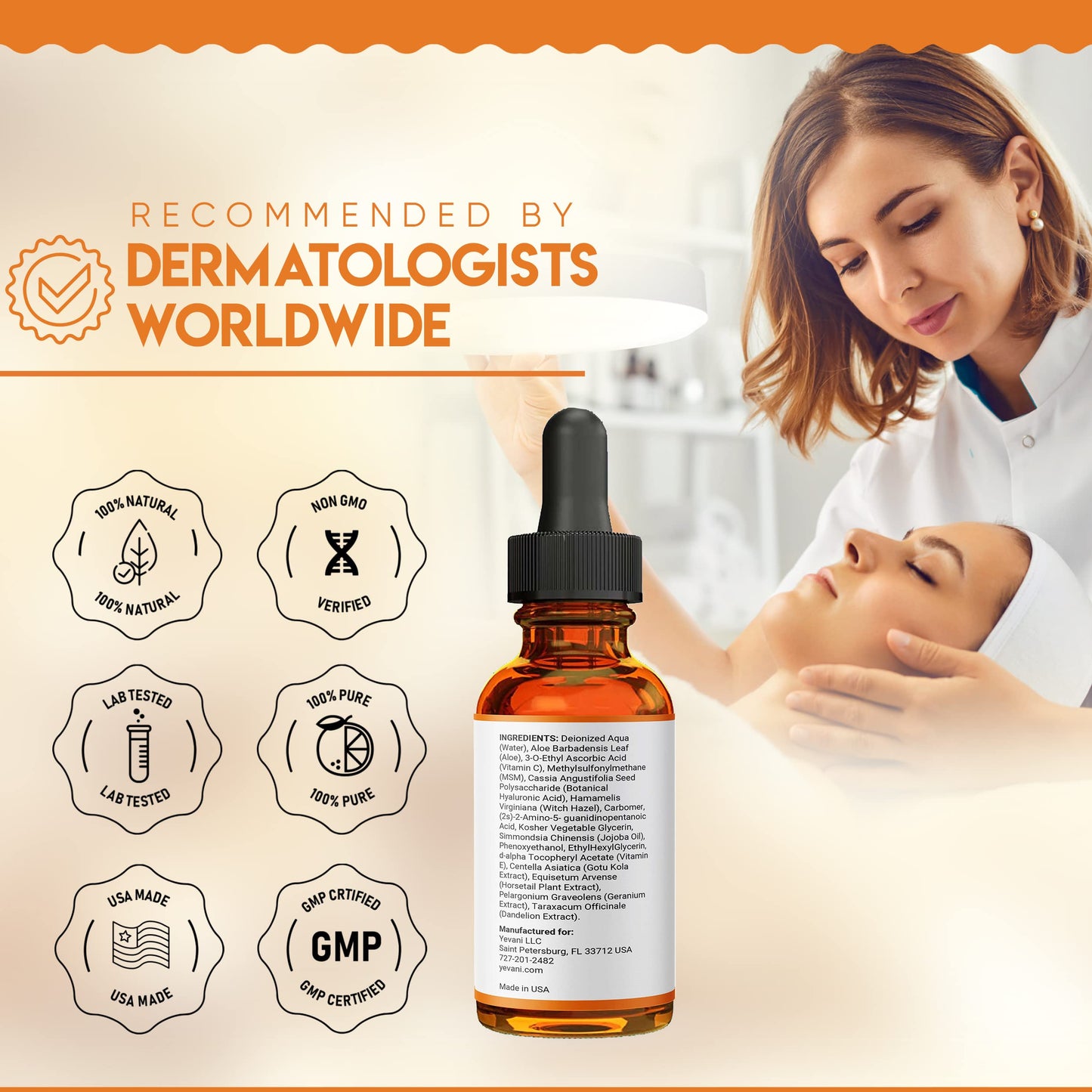 YEVANI 100% Pure Vitamin C Serum for Face with Hyaluronic Acid, Eye Area, Dark Spots, Anti Aging, Hydrating Skin Care with Vitamin E, Aloe Vera Beauty & Personal Care YEVANI