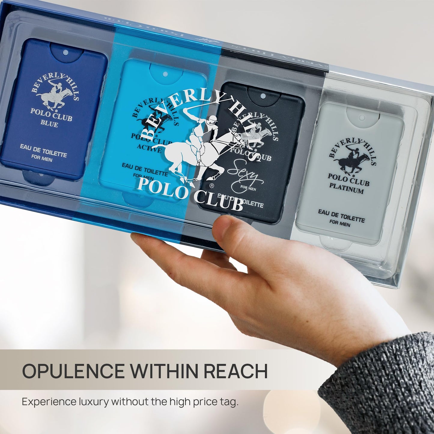 Beverly Hills Polo Club Men's 4-Piece Pocket Spray Set - Active, Sexy, Platinum, Blue EDT Collection Beauty & Personal Care Beverly Hills Polo Club