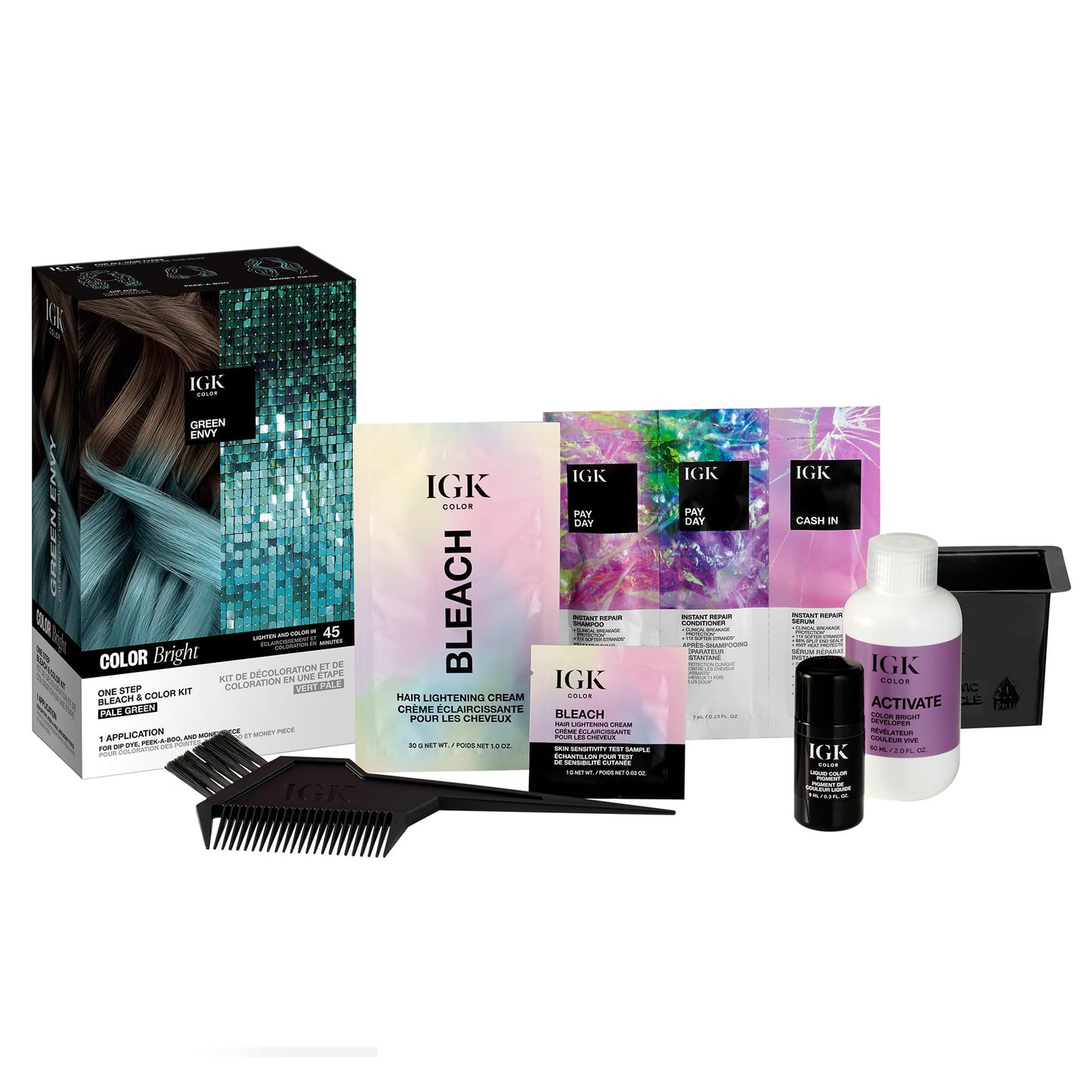 IGK Color Bright One Step Bleach & Color Kit for Accent Pieces GREEN ENVY - Pale Green | One-Step Color Processing + Replenishes + Hydrates | Vegan + Beauty & Personal Care IGK