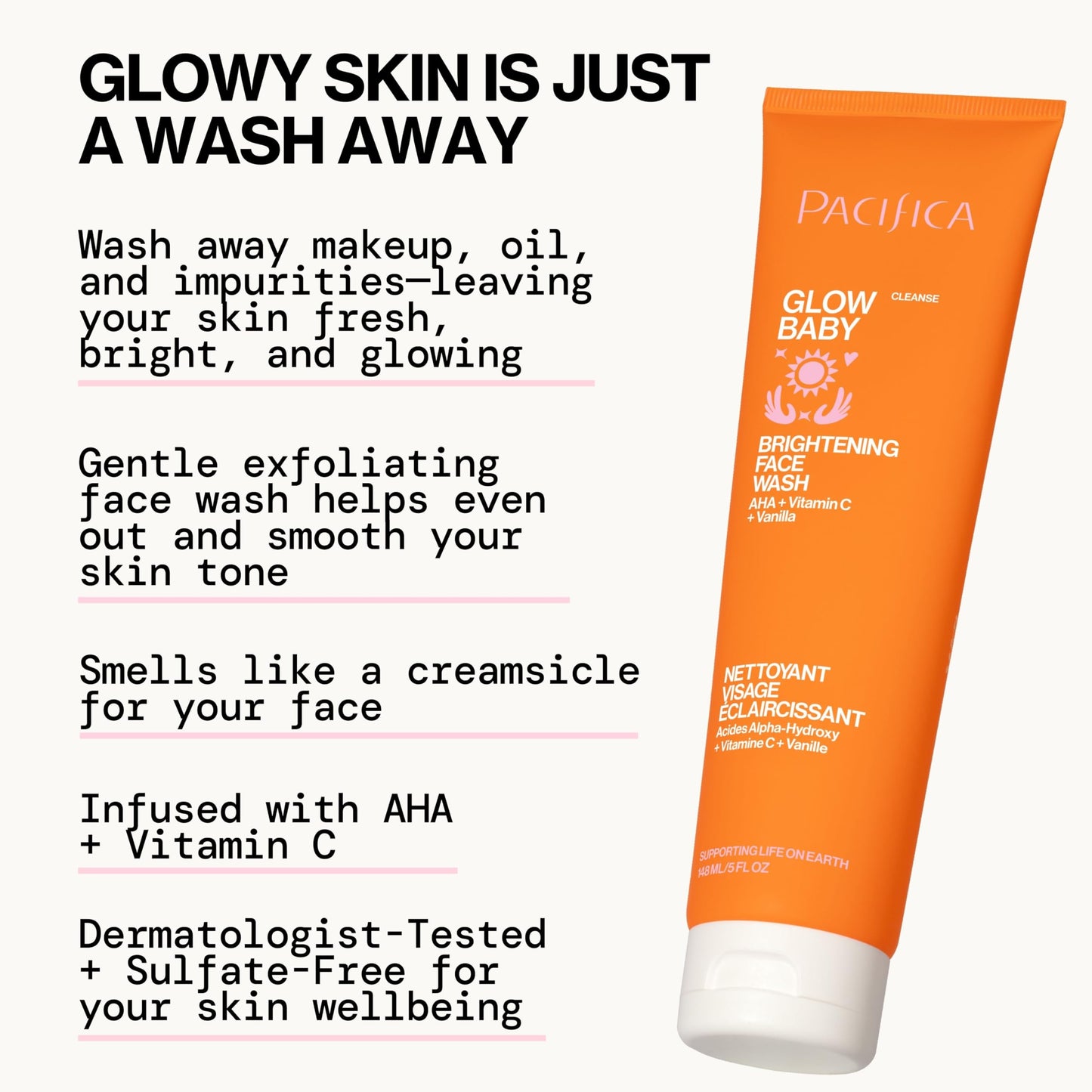 Pacifica Glow Baby Brightening Facial Cleanser 5oz - Vitamin C & Glycolic Acid (AHA) Face Wash for Radiance - Daily Cleanser for Anti-Aging Beauty & Personal Care Pacifica