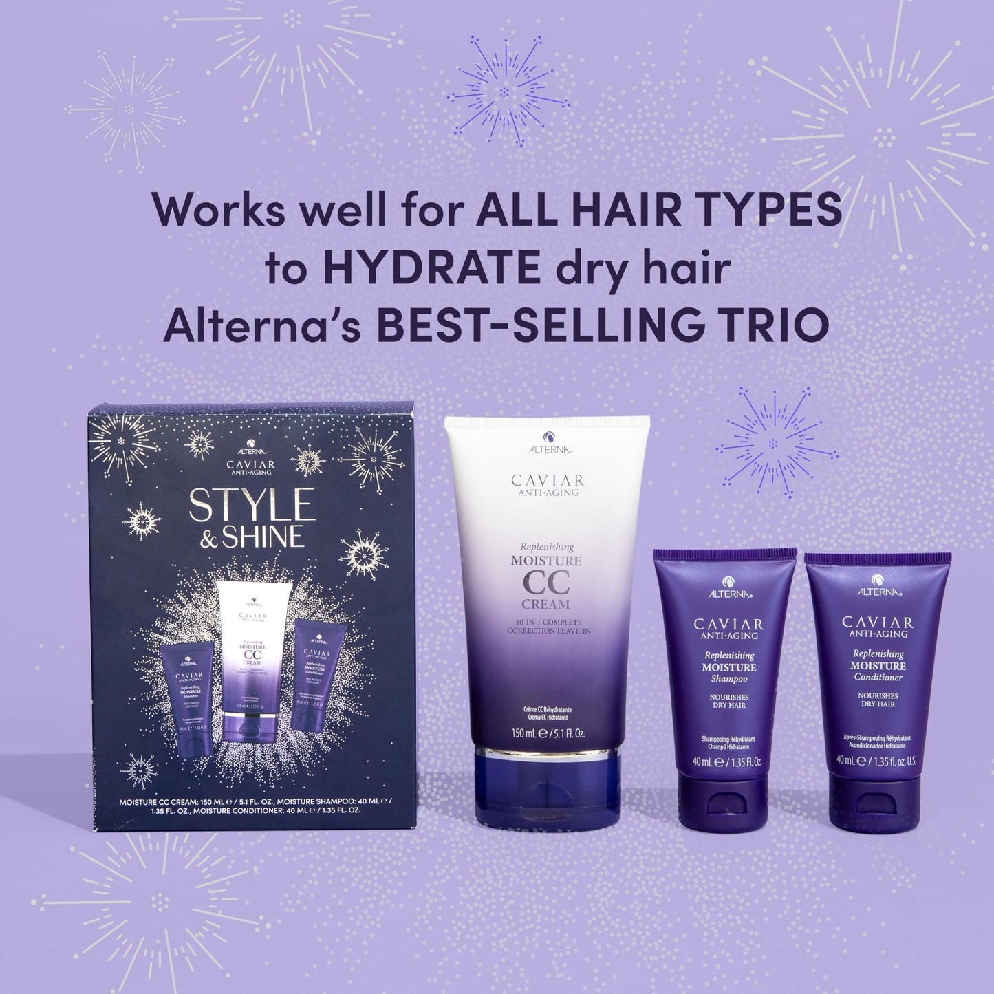 CAVIAR Anti-Aging Style & Shine Replenishing Moisture Gift Set |CC Cream 5.1oz, Travel Size Moisture Shampoo and Conditioner Set | Leave-In Hair Beauty & Personal Care Alterna