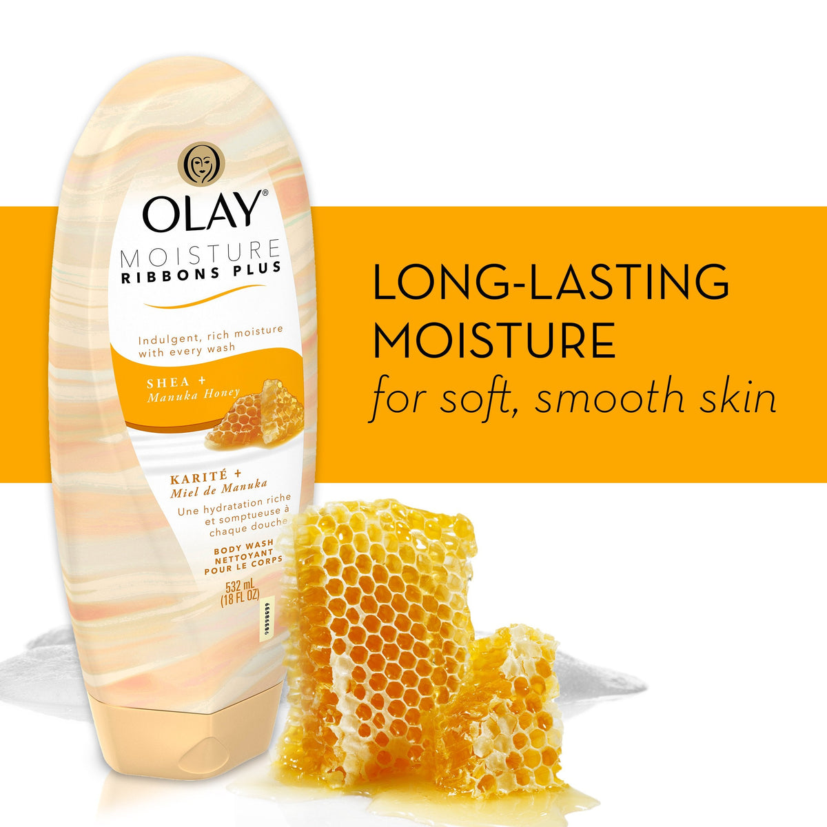 Body Wash by Olay, Moisture Ribbons Plus Shea + Manuka Honey Body Wash, 18 fl oz (Pack of 4) Beauty & Personal Care Olay