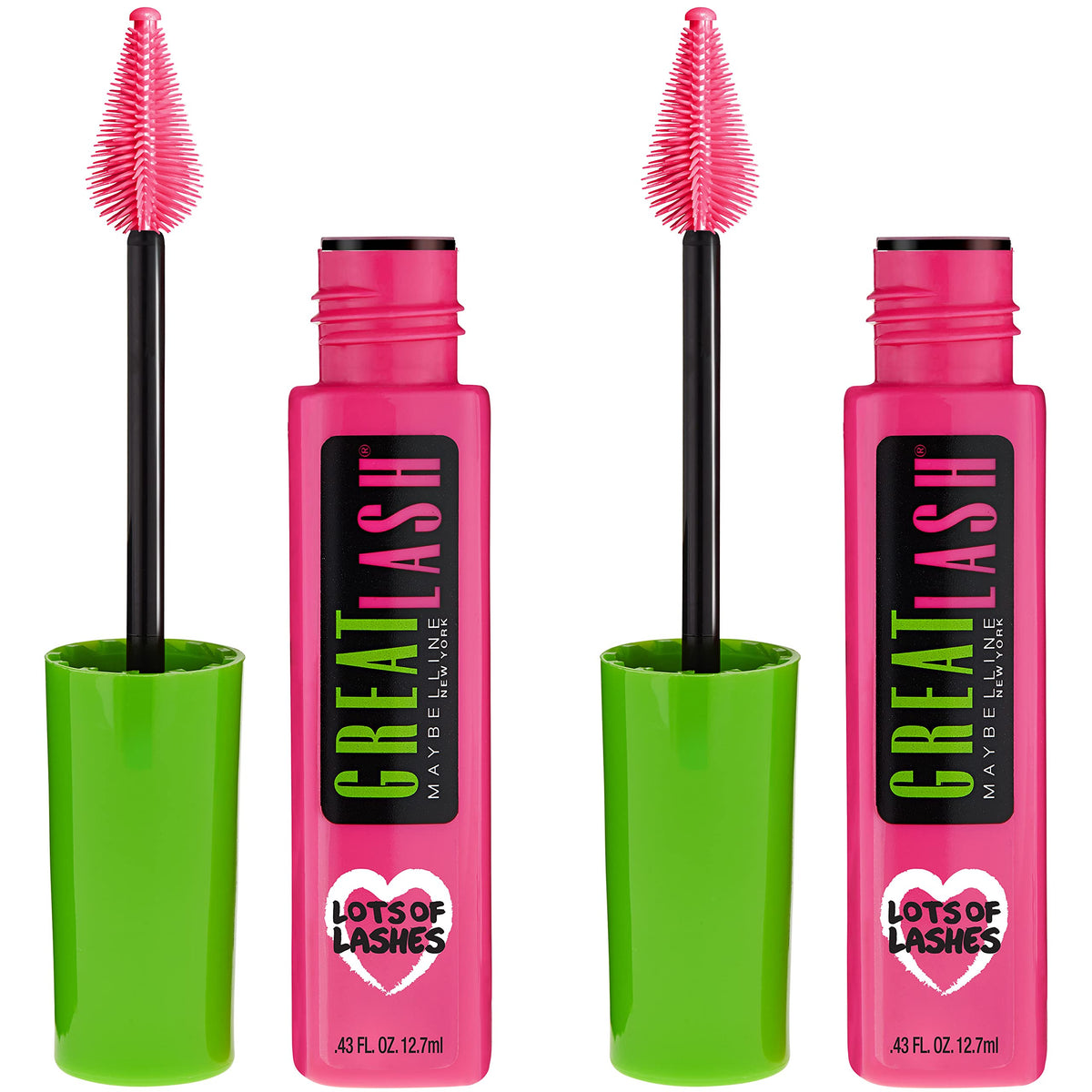 Maybelline Great Lash Lots Of Lashes Washable Mascara, Volumizing, Thickening and Curling Mascara, Blackest Black, 2 Count