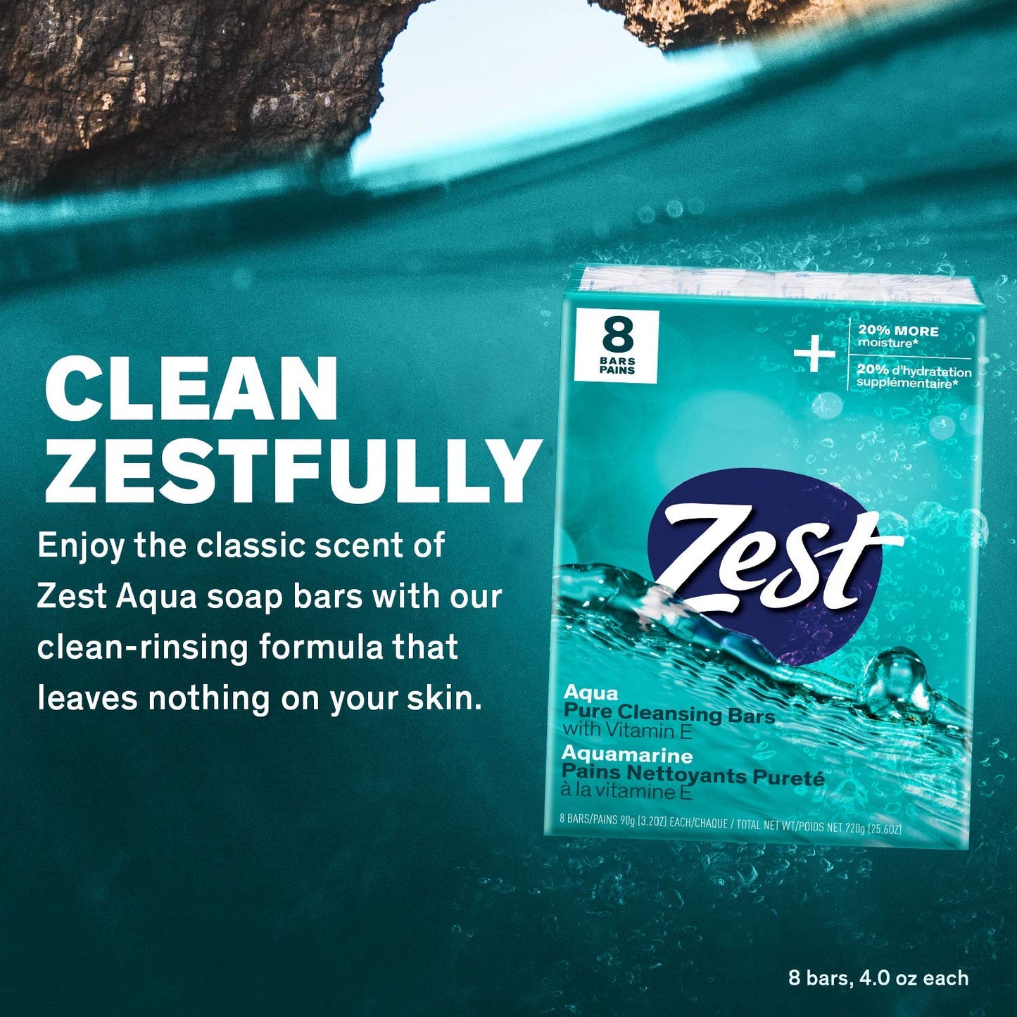 Zest Invigorating Aqua Bar Soap - 8 Bars - Refreshing Rich Lather Rinses Your Body Clean and Leaves You Feeling Moisturized with Vitamin E for Smooth Beauty & Personal Care Zest