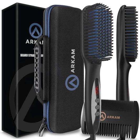 Arkam Beard Straightener for Men -Premium Heated Beard Brush Kit w/Anti-Scald Feature, Dual Action Hair Comb and Hard Shell Travel Case for Medium Beauty and Personal Care Arkam