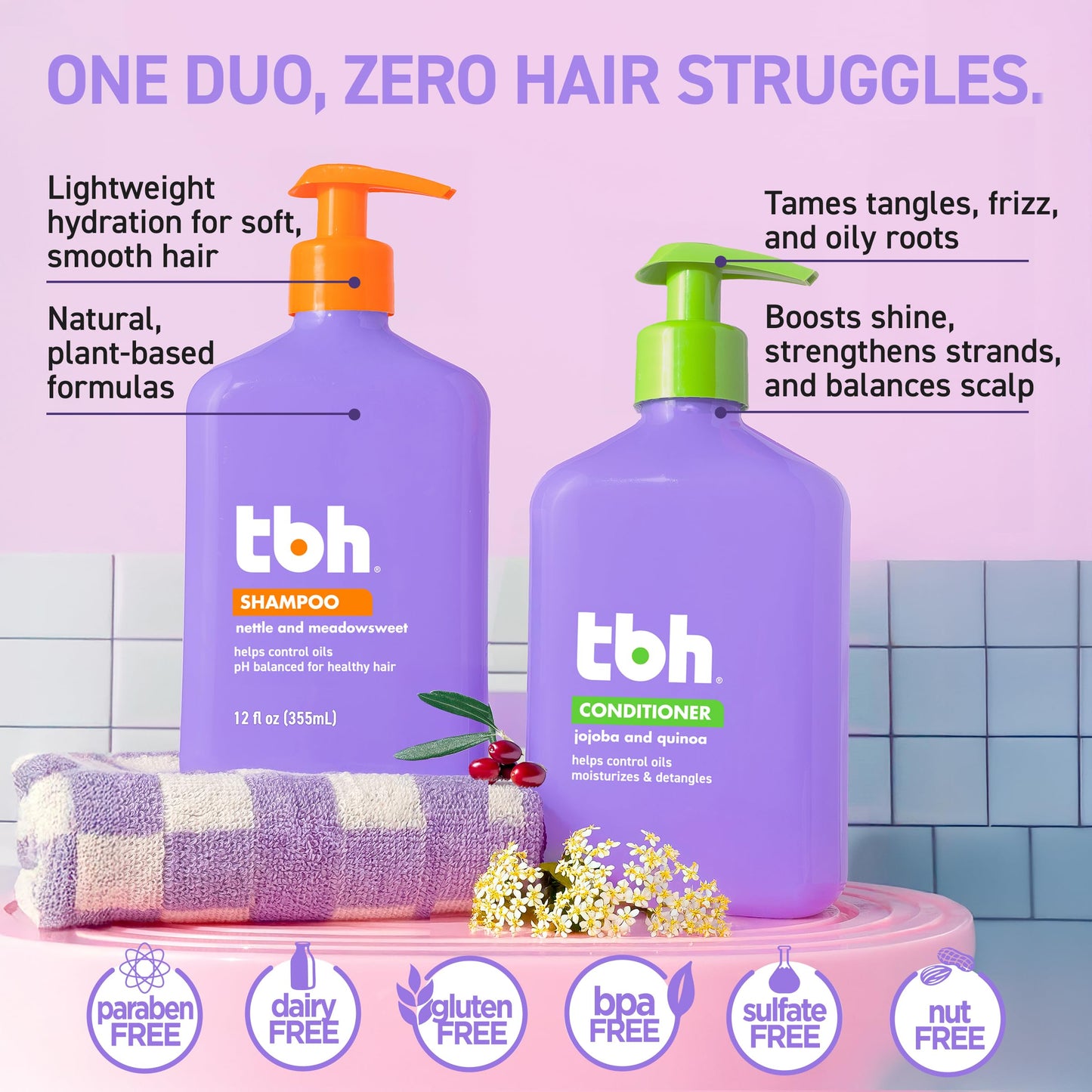 TBH Kids & Teen Shampoo and Conditioner Set - Sulfate & Paraben Free, Lightweight & Hydrating Hair Care for All Hair Types - 2-Pack, 32 oz Each Beauty & Personal Care TBH