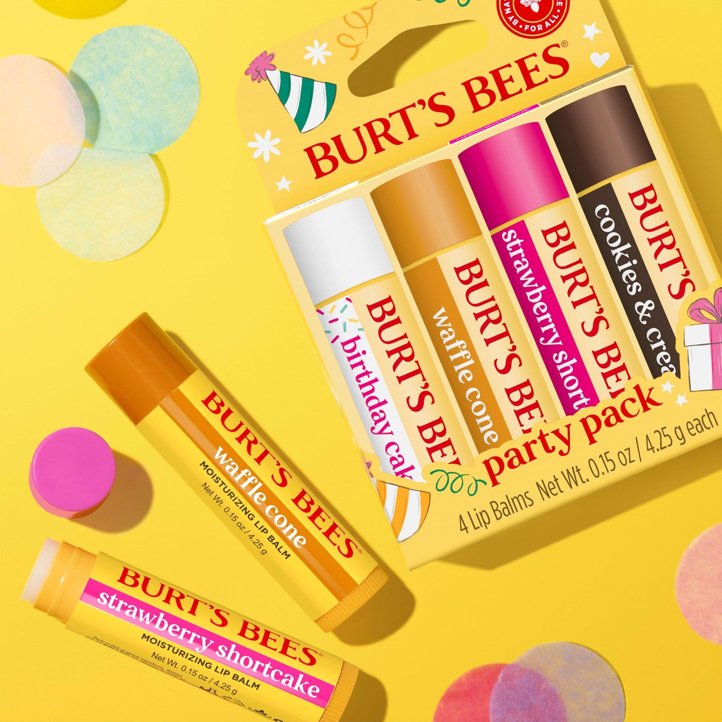 Burt's Bees Lip Balm Party Pack - Birthday Cake, Waffle Cone, Strawberry Shortcake, and Cookies & Cream, All Day Moisturizer, Tint-Free, Natural Beauty & Personal Care Burt's Bees