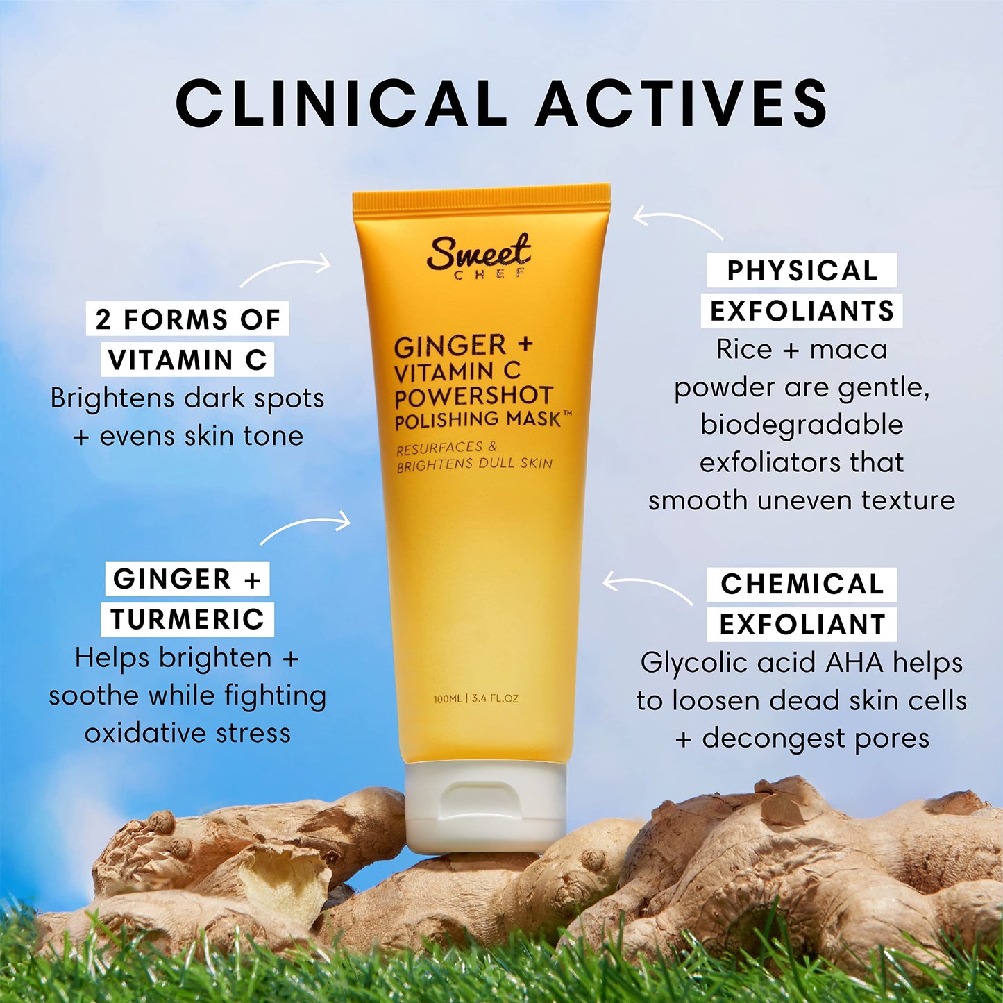 Sweet Chef Ginger + Vitamin C Powershot Polishing Mask - Brightening Face Mask for Dark Spots & Uneven Skin Tone + Maca, Rice Powders & AHA Face Beauty & Personal Care Sweet Chef
