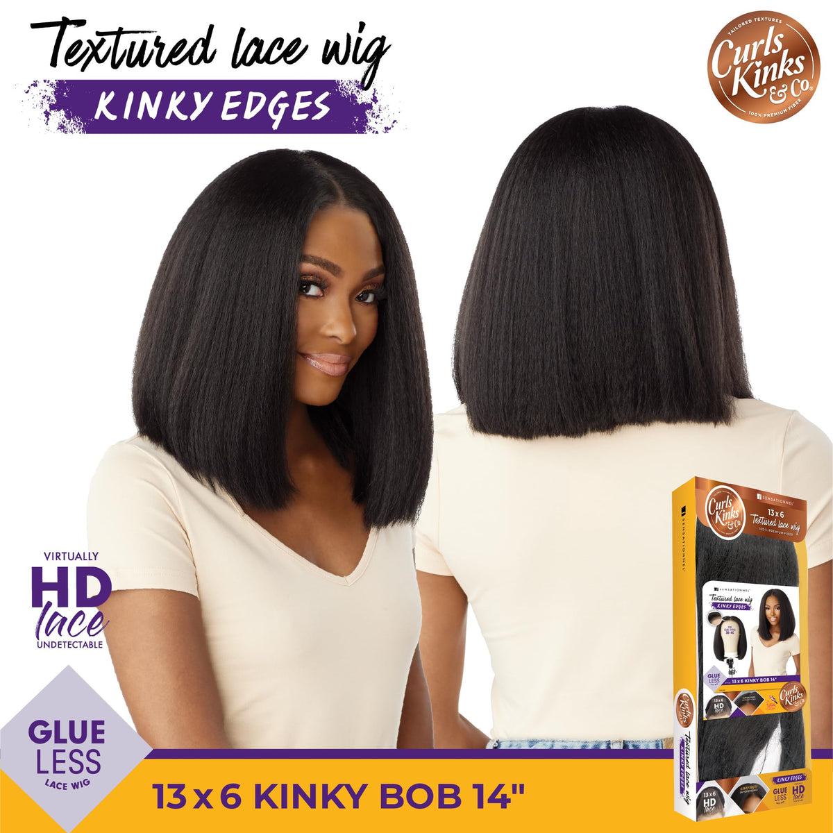 Sensationnel Curls Kinksandco Kinkyedges Wig-Kinky Bob 14 Inch, 1 JETBLACK