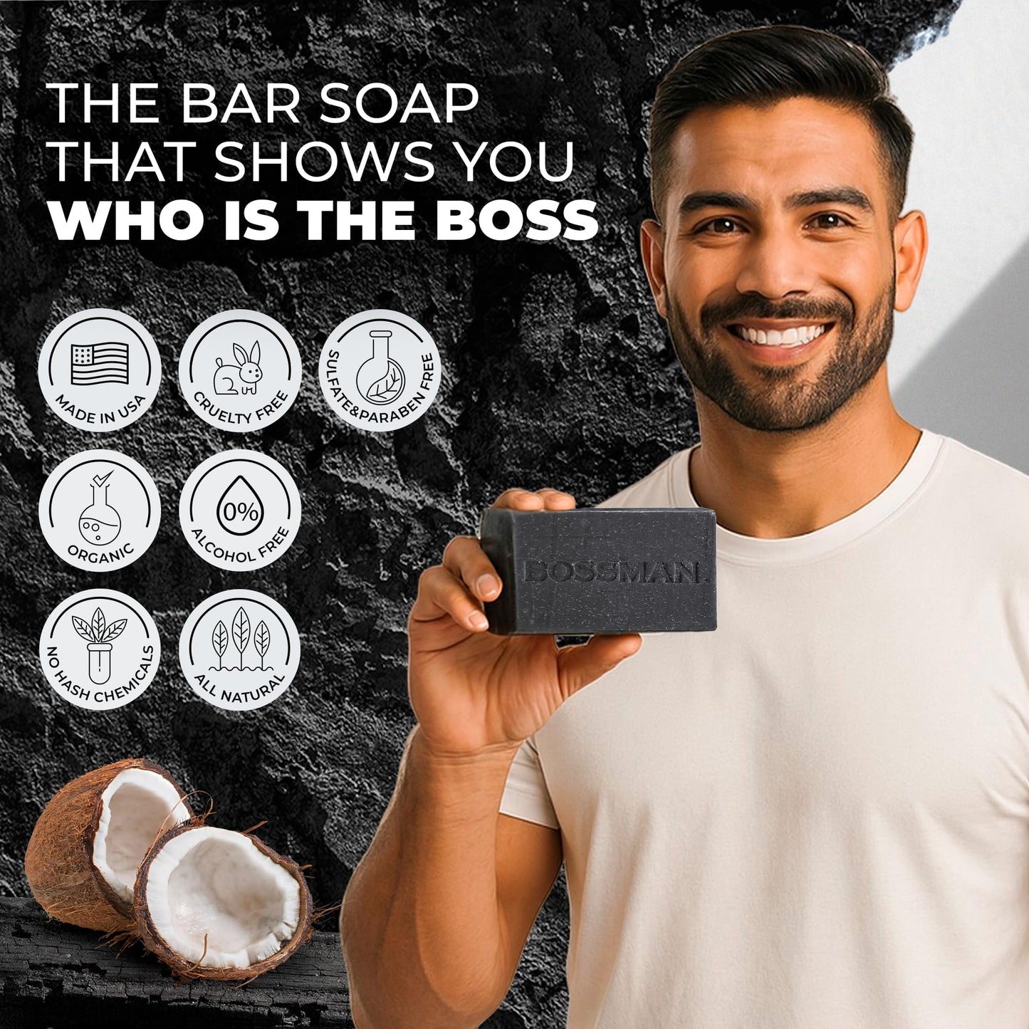 Bossman 3-Pack 4-in-1 Charcoal Soap Bar (4 oz) - Bar Soap for Men - All-Natural Beard Wash, Shampoo, Body Wash & Shaving Solution - Eucalyptus & Tea Beauty & Personal Care Bossman