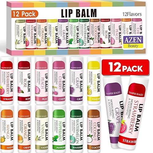 AZEN 12 Pack Lip Balm, Natural Lip Balm Bulk, Lip Care Product, Moisturizing Lip Balms for dry cracked lips - 12 Flavors Beauty & Personal Care AZEN