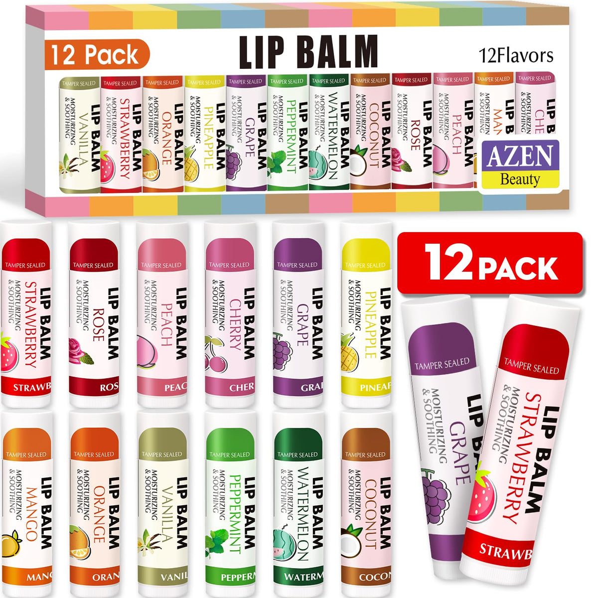 AZEN 12 Pack Lip Balm, Natural Lip Balm Bulk, Lip Care Product, Moisturizing Lip Balms for dry cracked lips - 12 Flavors Beauty & Personal Care AZEN