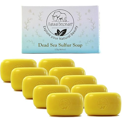 Natural Elephant Dead Sea Sulfur Soap 4.4 oz with Dead Sea Salt, Aloe Vera, Sulphur Face and Body Cleanser Bar for All Skin Types (10 Pack (44 oz Beauty & Personal Care Natural Elephant