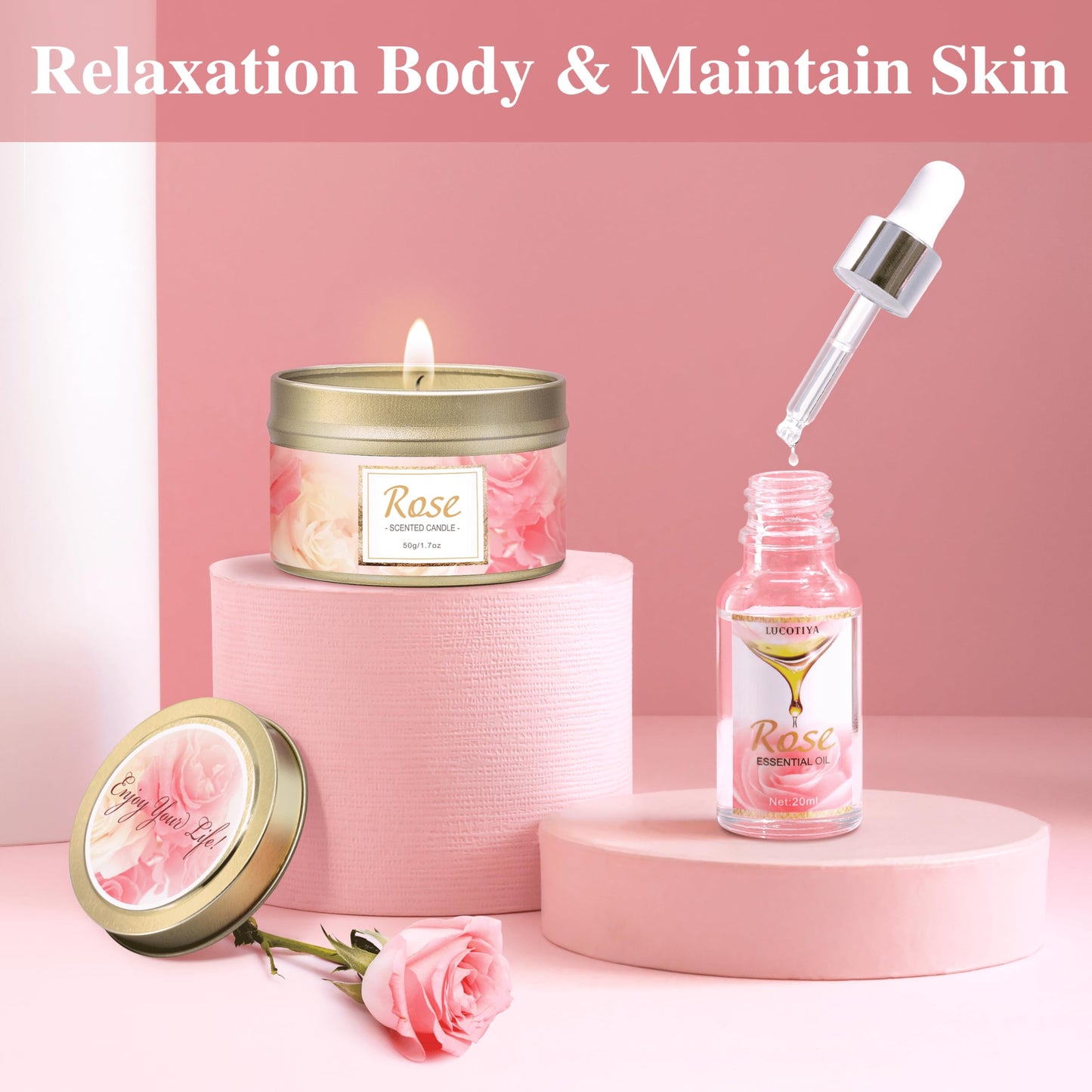 Gifts for Women, Happy Birthday Gifts for Women, Mothers Bath and Body Gift for Woman with Unique Rose Self Care Gift, Home Spa Gift Basket for Mom Beauty and Personal Care LUCOTIYA