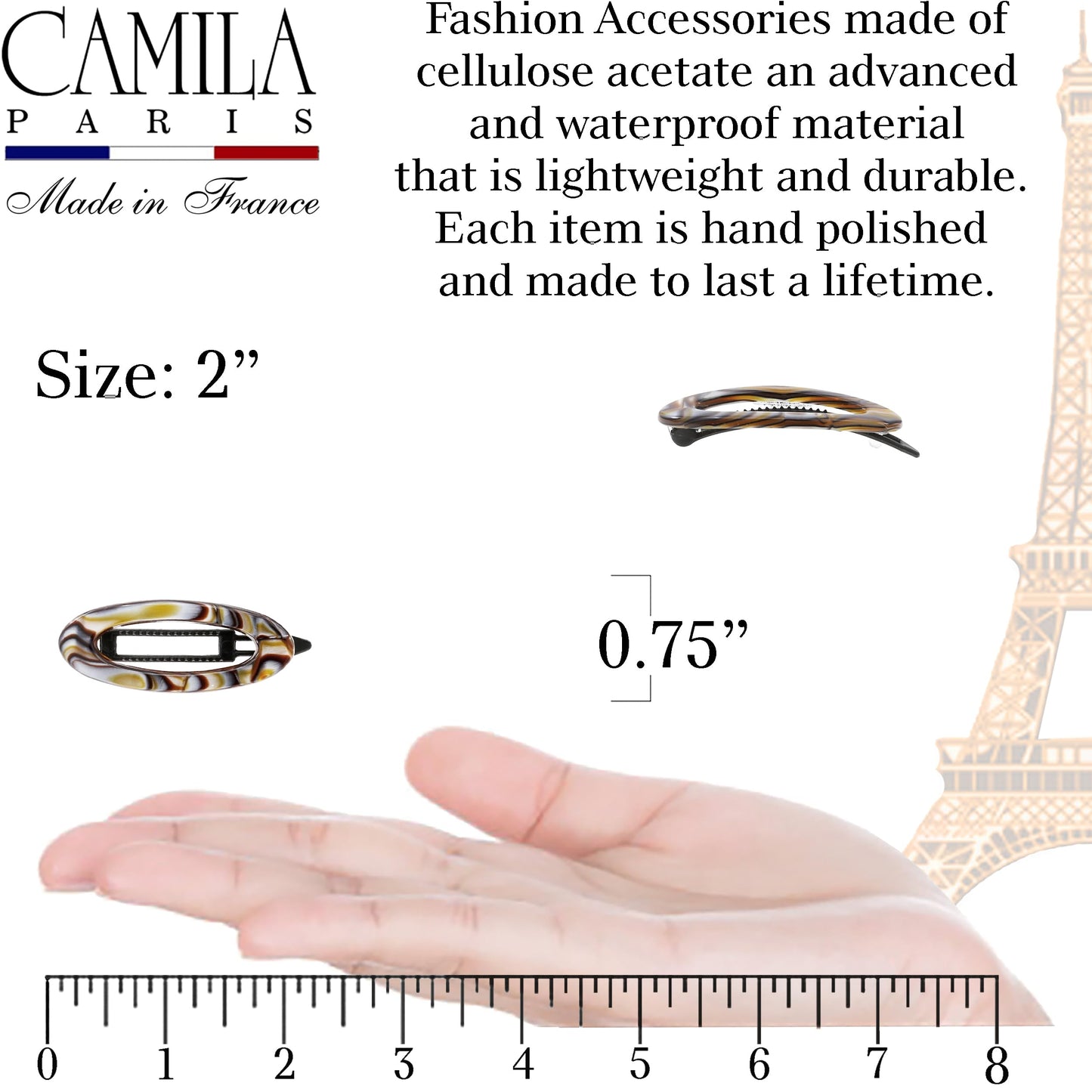Camila Paris CP3367 French Hair Barrette Clip for Women, Handmade, Onyx, Side Slide-in Metal-Free Closure Strong Hold Grip Hair Clips for Girls, No Beauty & Personal Care Camila