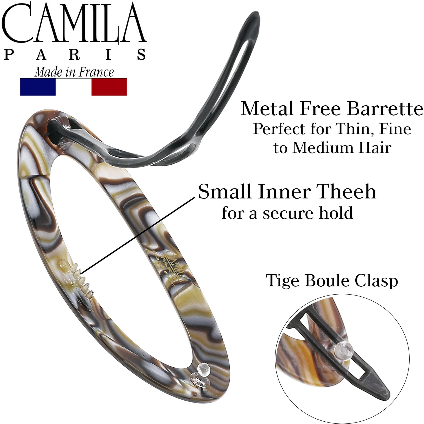 Camila Paris CP3367 French Hair Barrette Clip for Women, Handmade, Onyx, Side Slide-in Metal-Free Closure Strong Hold Grip Hair Clips for Girls, No Beauty & Personal Care Camila