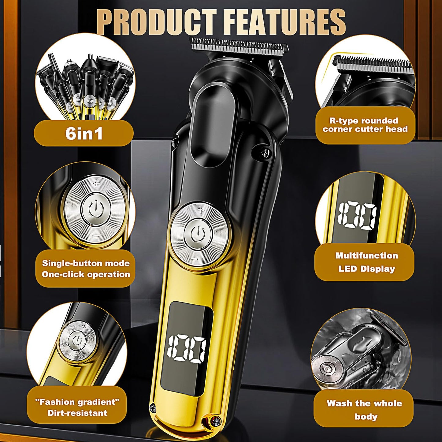 6-in-1 Hair Clipper Beard Trimmer for Men, IPX6 Waterproof Electric Shaver Razor&Cordless Hair Clipper Grooming Kit Hair Trimmer for Nose, Body, Face Beauty and Personal Care Gzbdz
