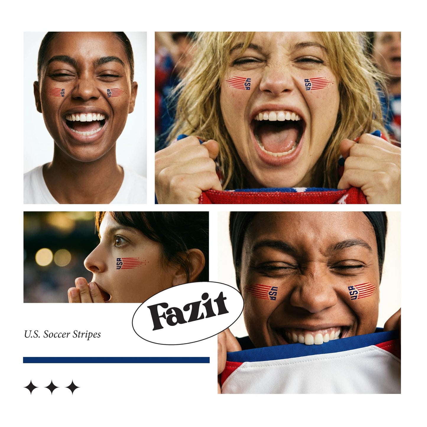 Fazit US Soccer Stripes - Red, Blue & Silver Glitter Makeup Patches - Waterproof & Sweat-proof Face Stickers - Long-Lasting Game Day Glam, USA Spirit Beauty & Personal Care Fazit
