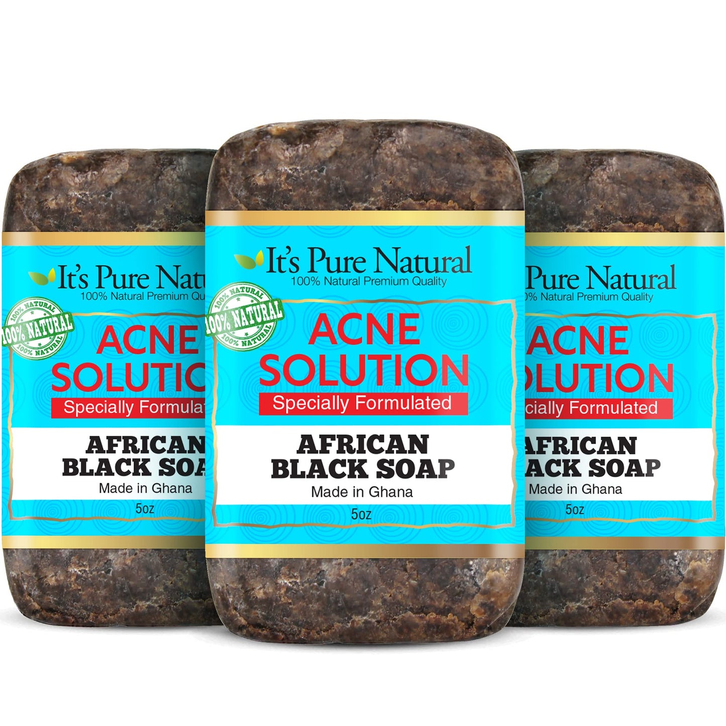 It's Pure Natural African Black Soap Bars with Acne Solution (Pack of 3) Organic Raw Soap for Face & Body, Acne Treatment & Dark Spot Remover [Made in Beauty & Personal Care It's Pure Natural