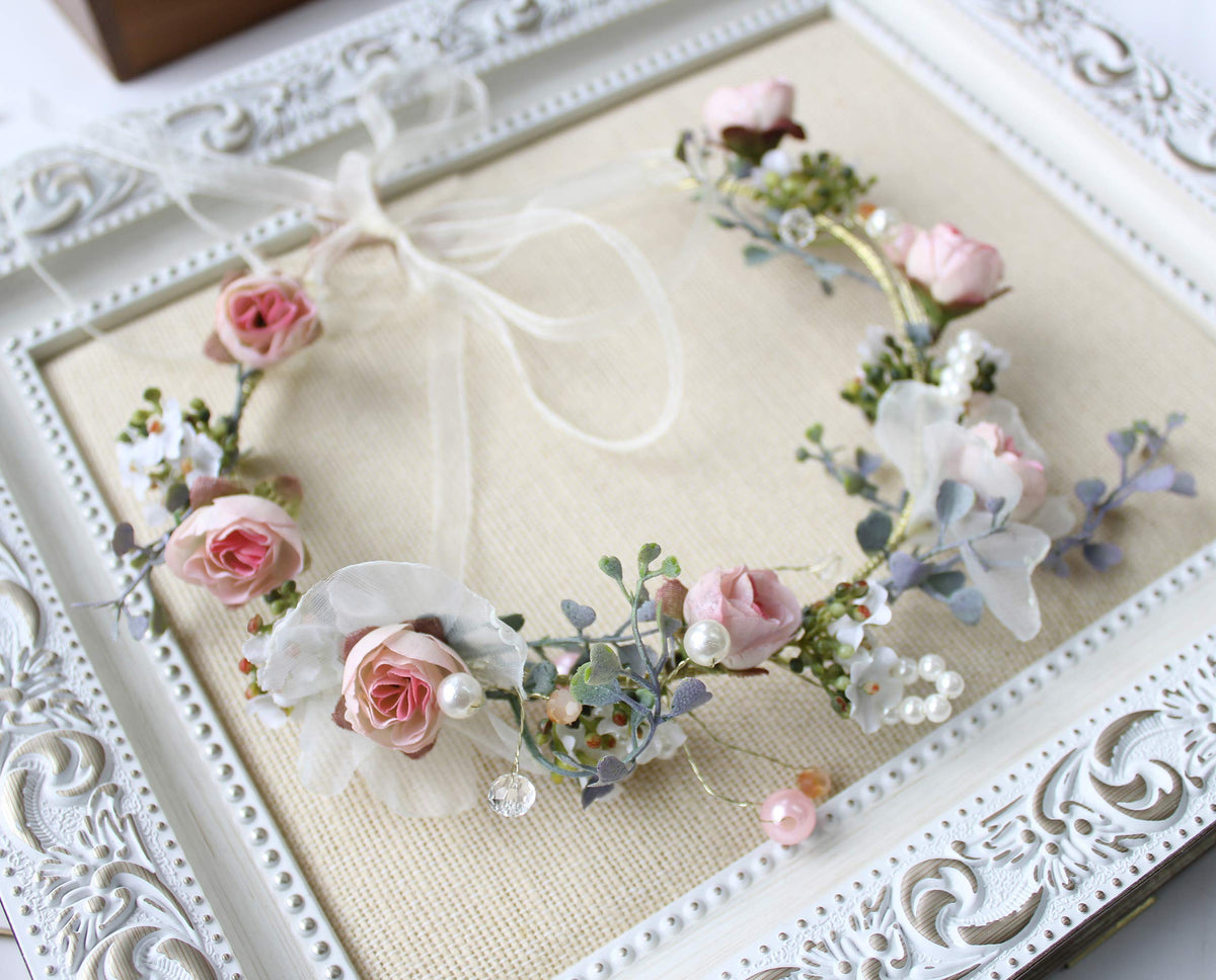 LLinfflr Pearl Flower Crown Floral Garland Headband Halo Headpiece Pink