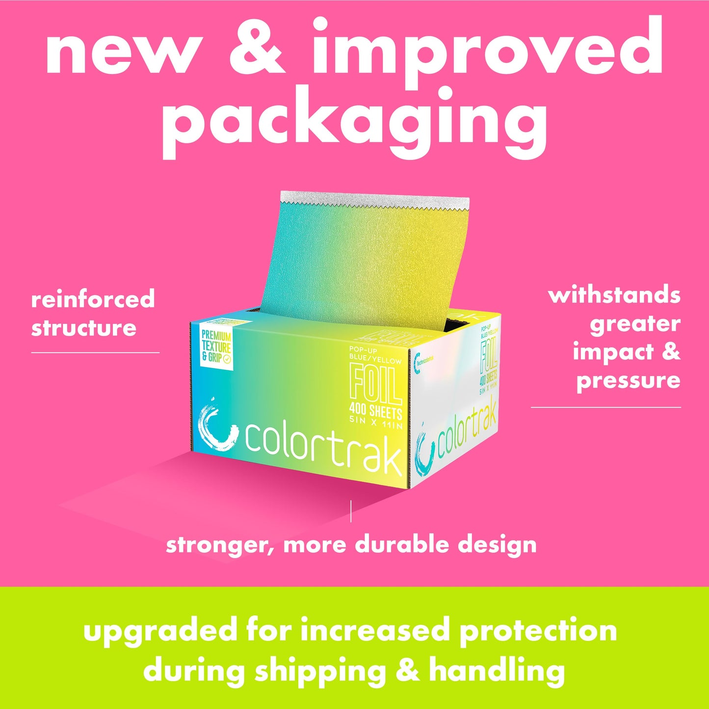 Colortrak Blue/Yellow Gradient Pop-up Foil w/Dispenser (400 Count), Pre-cut Sheets, Non-Slip Embossed Texture, 5" x 10.75" Sheets for Hair Foil Beauty & Personal Care Colortrak