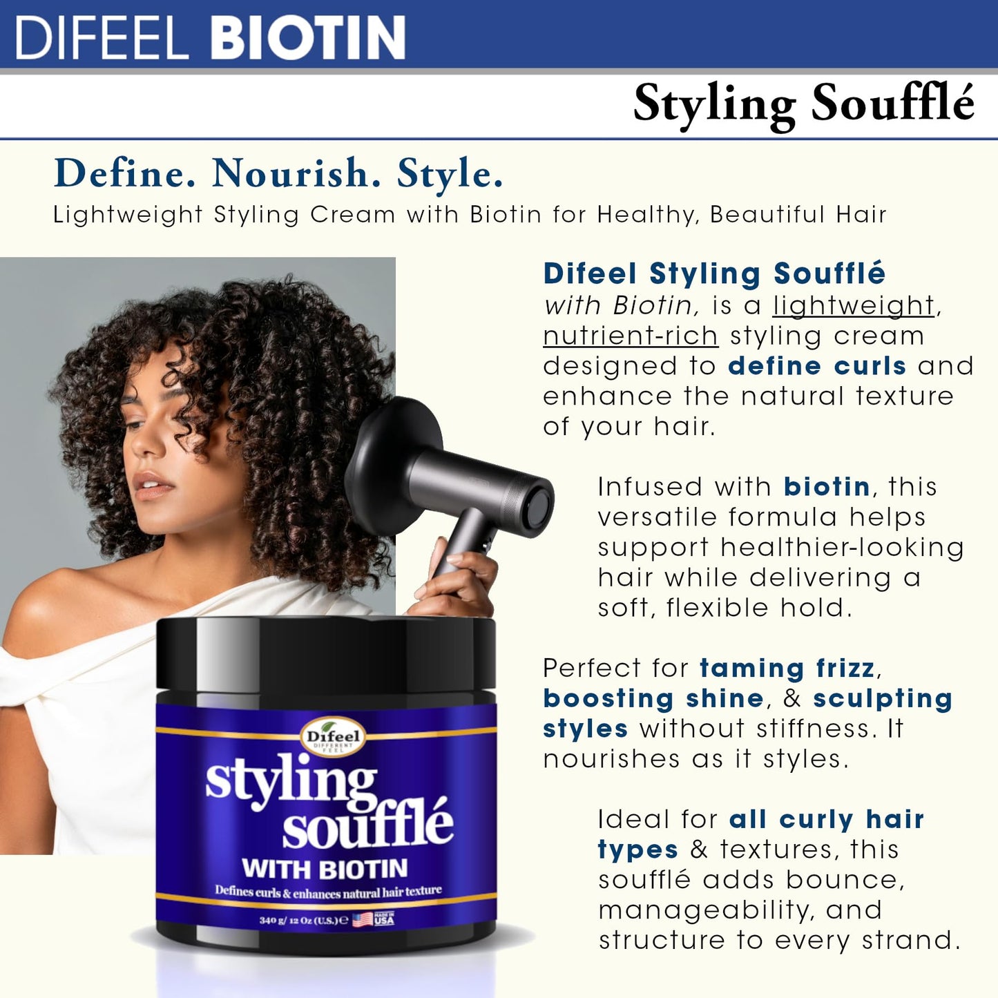Difeel Curl Defining Styling Soufflé with Biotin 12 oz. - Nourishing Curl Defining Souffle for Wavy Hair, Curly Hair & Coils Beauty & Personal Care Difeel