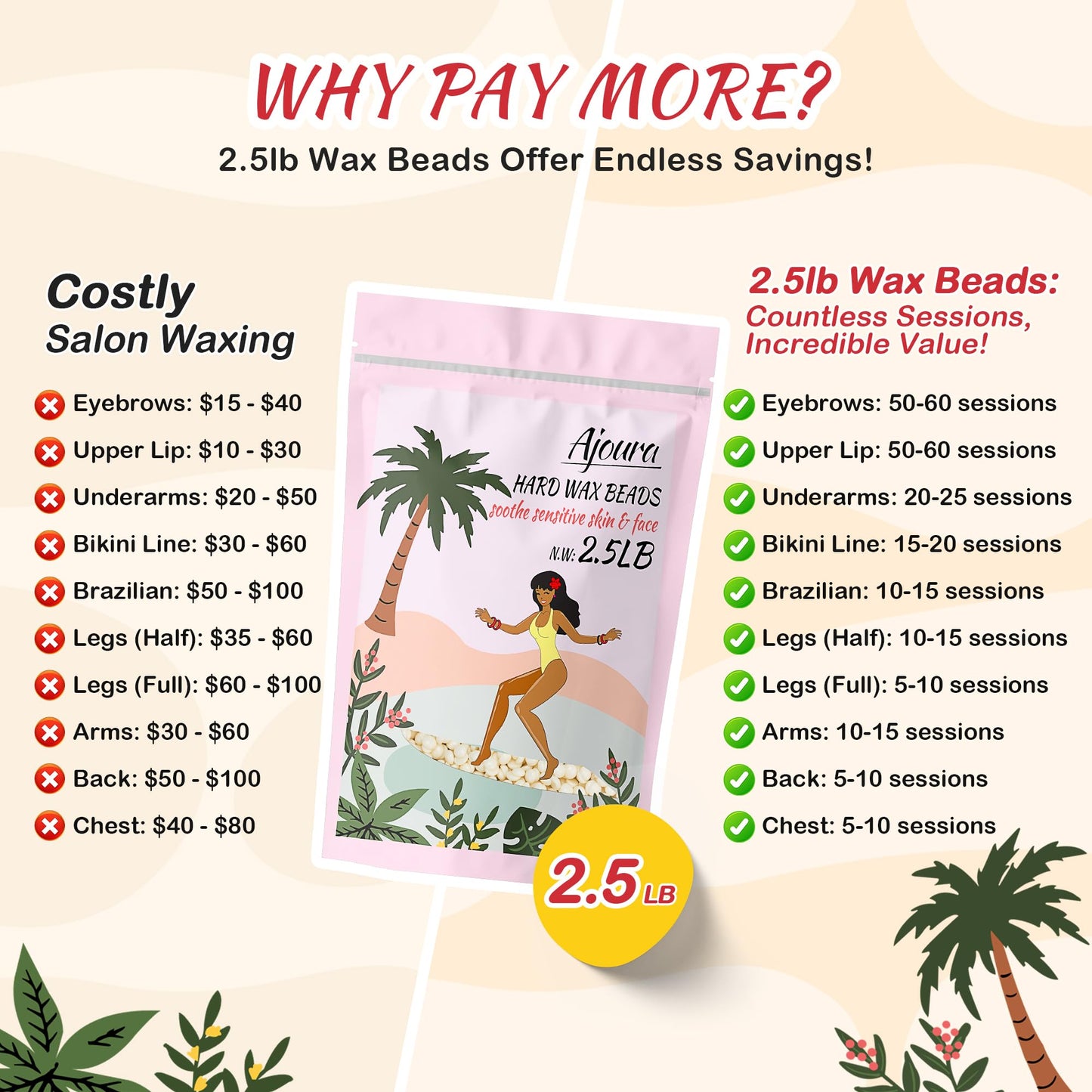 Ajoura 2.5 lb Wax Beads for Hair Removal - Premium Hard Wax for Coarse Hair, Ideal for Brazilian Bikini, Legs, Face, Underarms, Arms, Chest, Back Beauty and Personal Care Ajoura
