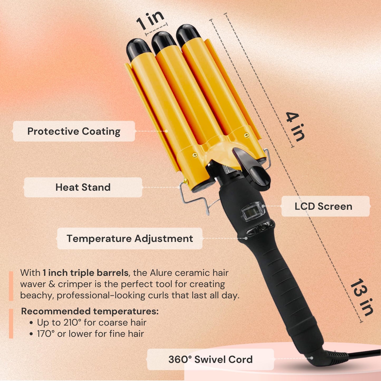 Alure Three Barrel Curling Iron Wand with LCD Temperature Display - 1 Inch Ceramic Tourmaline Triple Barrels, Dual Voltage Crimping Tool, Best Hair Beauty & Personal Care Asani