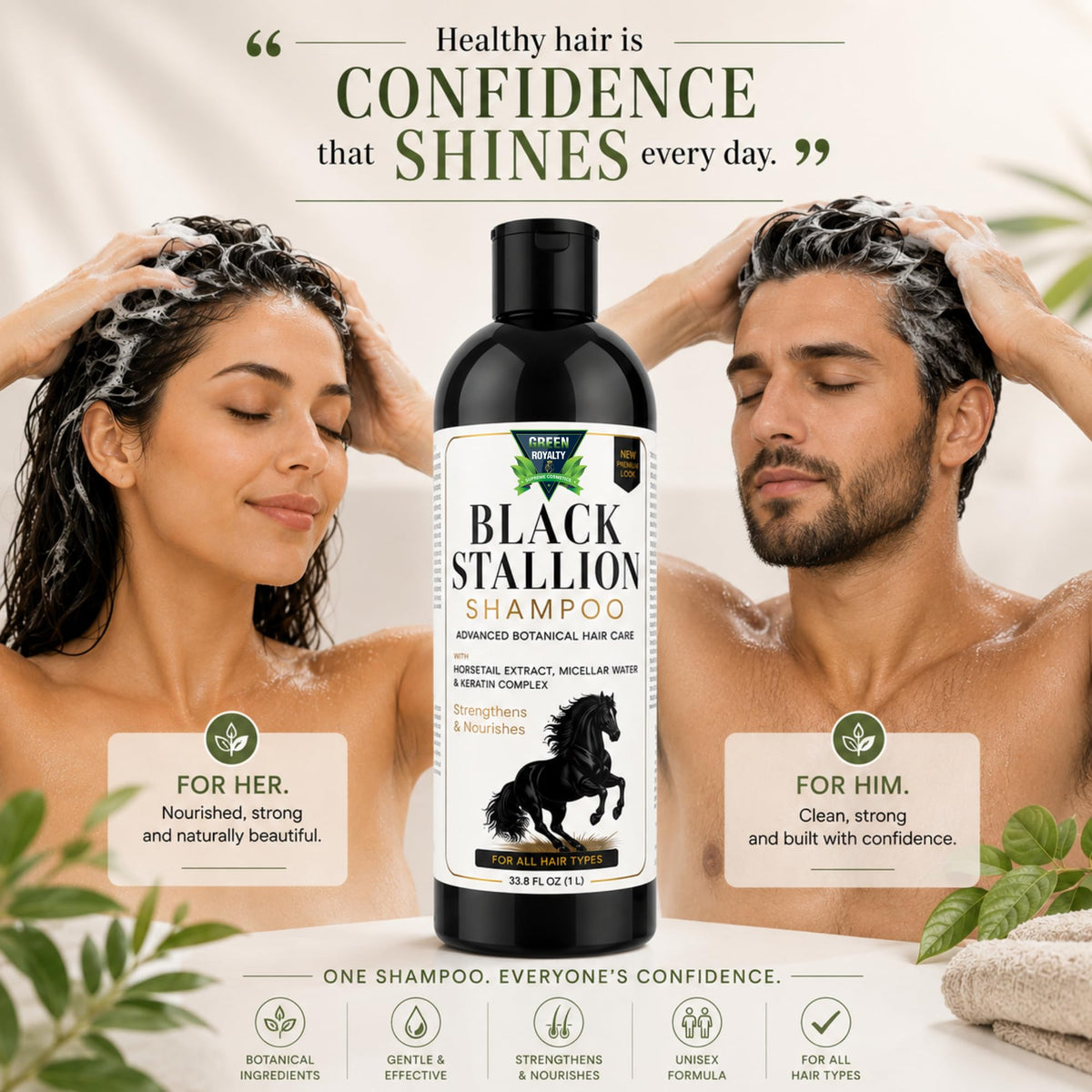 Green Royalty Black Stallion Premium Shampoo, Cola de Caballo & Biotin Hair Care, Fuller-Looking, Soft & Manageable Hair, 33.8 fl oz (1 L)