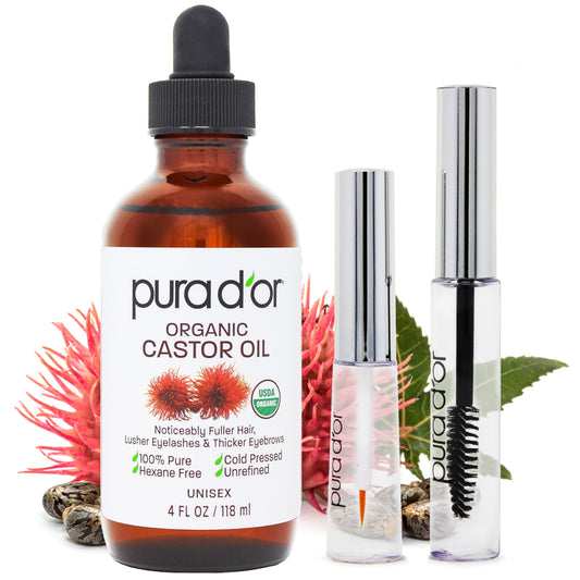 PURA D'OR 4 Oz ORGANIC Castor Oil - w/ 2 BONUS Empty Brushes - 100% Pure USDA Certified Cold Pressed, Hexane Free Eyelash & Eyebrow Serum Beauty & Personal Care PURA D'OR
