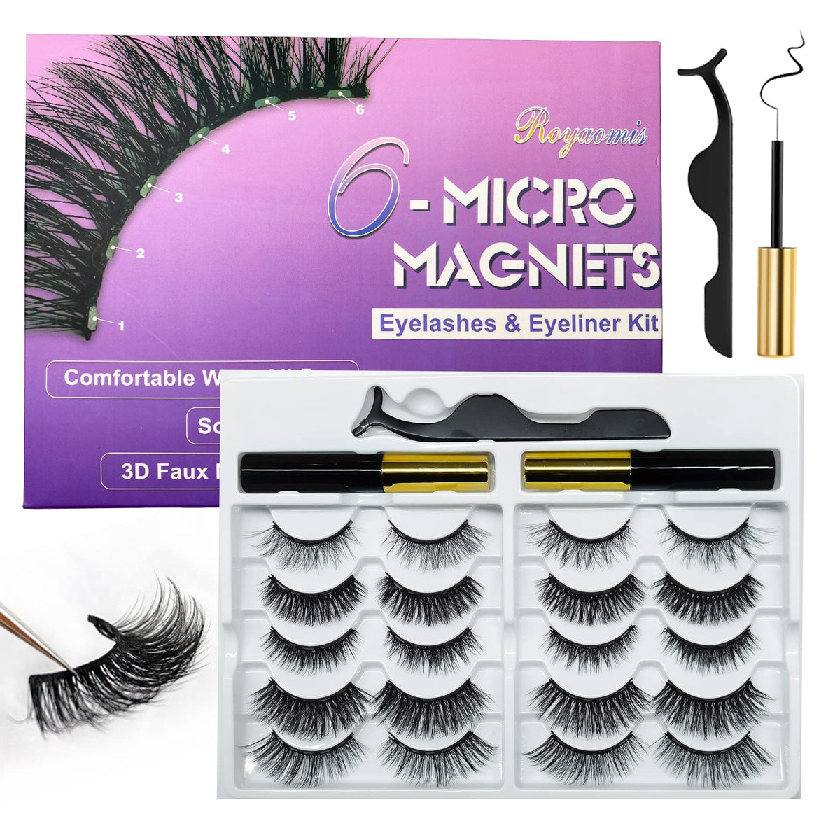 Royaomis 10 Pairs Magnetic Eyelashes with Eyeliner, Magnetic Lashes Natural Looking, Magnetic Eyelash Kit,Latest Six Magnets, With 3D 5D Reusable Beauty & Personal Care royaomis