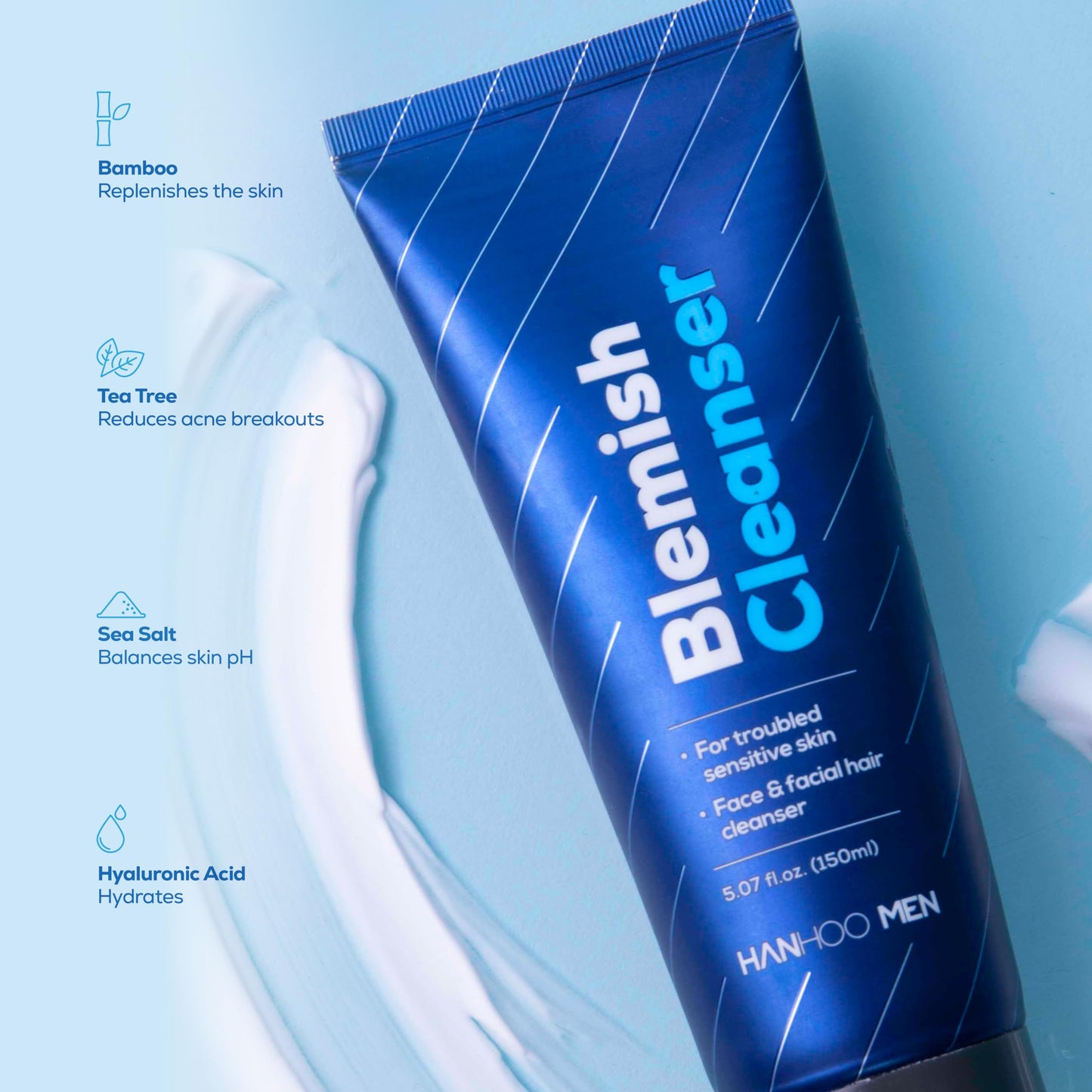 Hanhoo Men’s Blemish Cleanser, 5.07 Fl. Oz., with Bamboo, Sea Salt, and Hyaluronic Acid, Daily Facial Cleanser, Clears Away Dirt and Oil, Pre-Shave Beauty & Personal Care HANHOO
