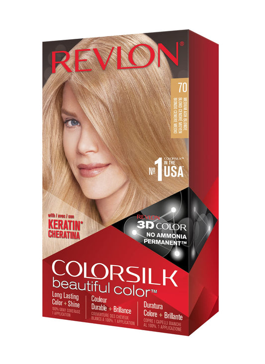 Revlon Permanent Hair Color, Permanent Hair Dye, Colorsilk with 100% Gray Coverage, Ammonia-Free, Keratin and Amino Acids, 70 Medium Ash Blonde, 4.4 Beauty & Personal Care REVLON