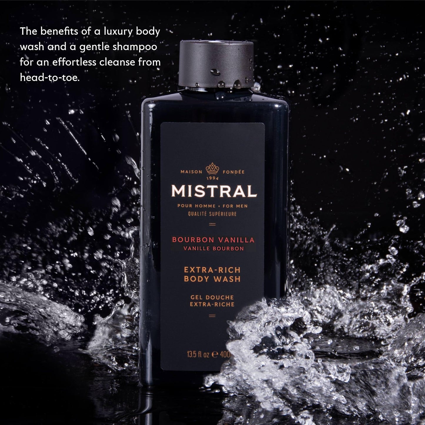 Mistral Men's Body Wash & Shampoo, Bourbon Vanilla 13.5 oz | 2-in-1 Natural Shower Gel for Men | SLS, Paraben & Phthalate Free | Natural Men’s Body Beauty & Personal Care Mistral
