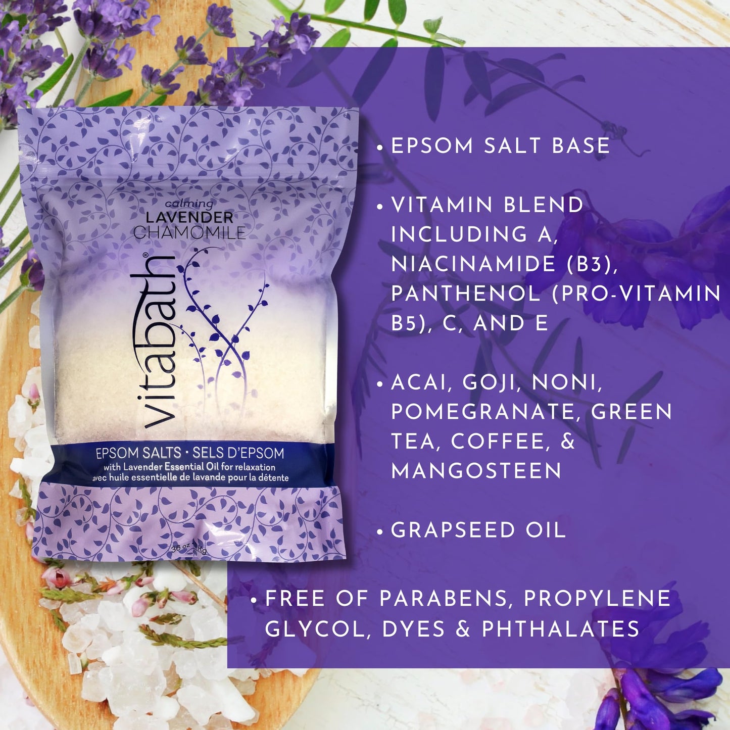 Vitabath Lavender Chamomile Epsom Salts Relaxing Detox Aromatherapy, Muscle Soreness & Body Ache Relieving Soak & Nourishing Skincare for Women & Men Beauty & Personal Care Vitabath