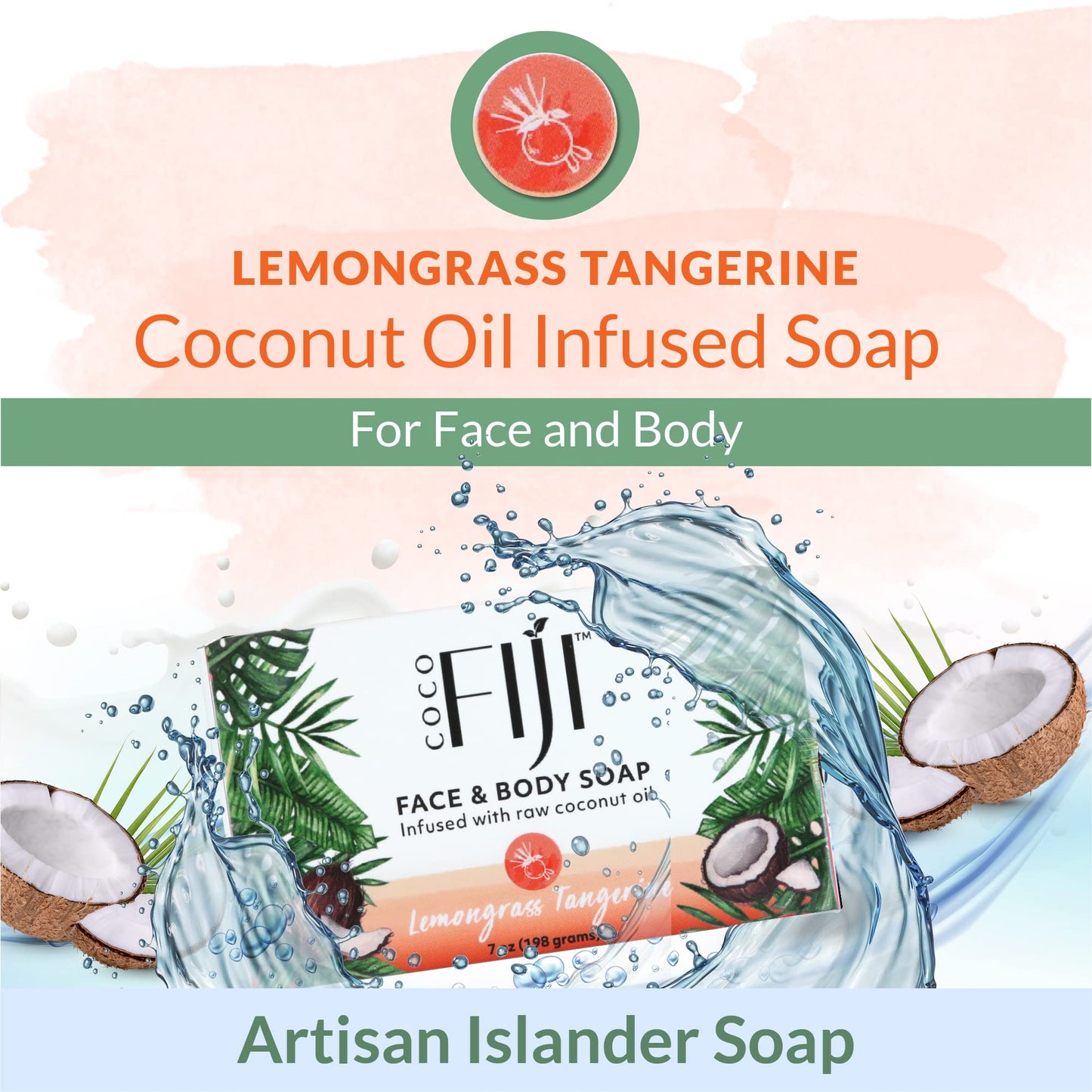 "Coco Fiji Soap Bar for Face and Body Infused With Organic Coconut Oil, Lemongrass Tangerine Essential Oil, Natural Soap for Moisturizing & Pore Beauty & Personal Care Organic Fiji