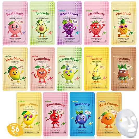 56 Pack Fruit Collagen Face Masks Skincare for Teens Girls, Sheet Face Mask Skin Care for Kids, Bulk Hydrating Facial Masks for Women, Face Mask Set Beauty and Personal Care KONEUK Default Title