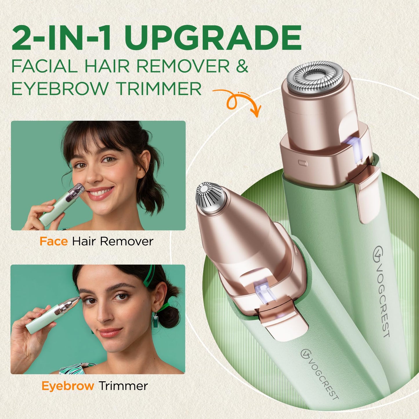 VOGCREST Hair Trimmer, 2 in 1 Facial Hair Remover & Eyebrow Trimmer for Women - Rechargeable, Portable, LED Light Beauty & Personal Care VG VOGCREST
