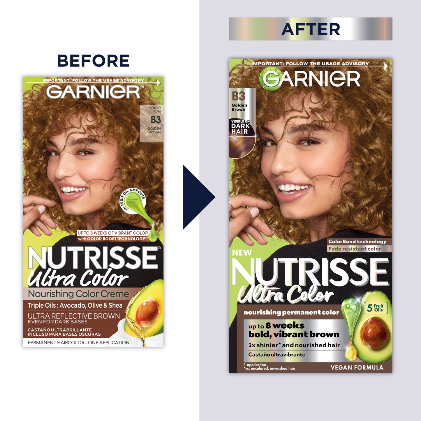 Garnier Hair Color Nutrisse Ultra Color Nourishing Creme, B3 Golden Brown (Spiced Rum) Permanent Hair Dye, 1 Count (Packaging May Vary) Beauty & Personal Care Garnier