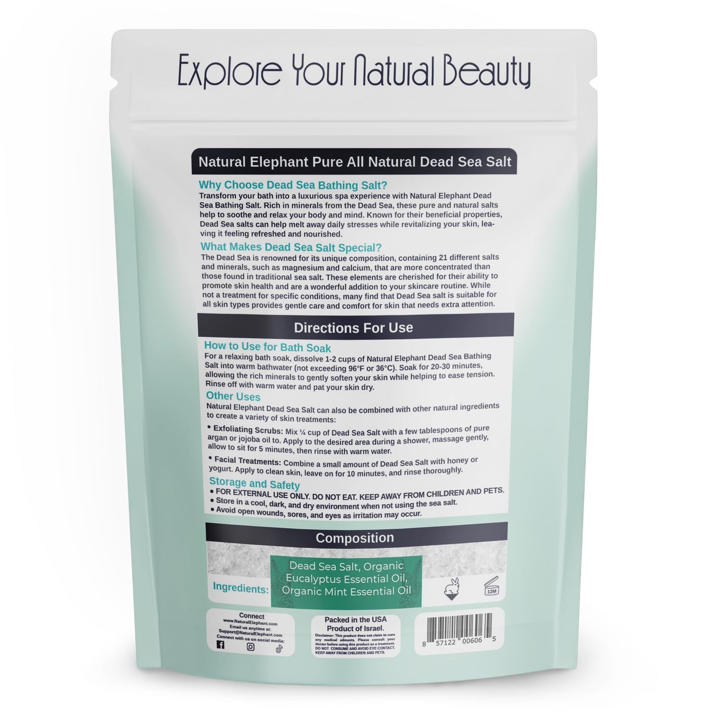 Natural Elephant Dead Sea Eucalyptus Mint Bath Salt - Bathing and Foot Soak for Energizing and Refreshing 100% Pure with Organic Eucalyptus Mint Beauty and Personal Care Natural Elephant