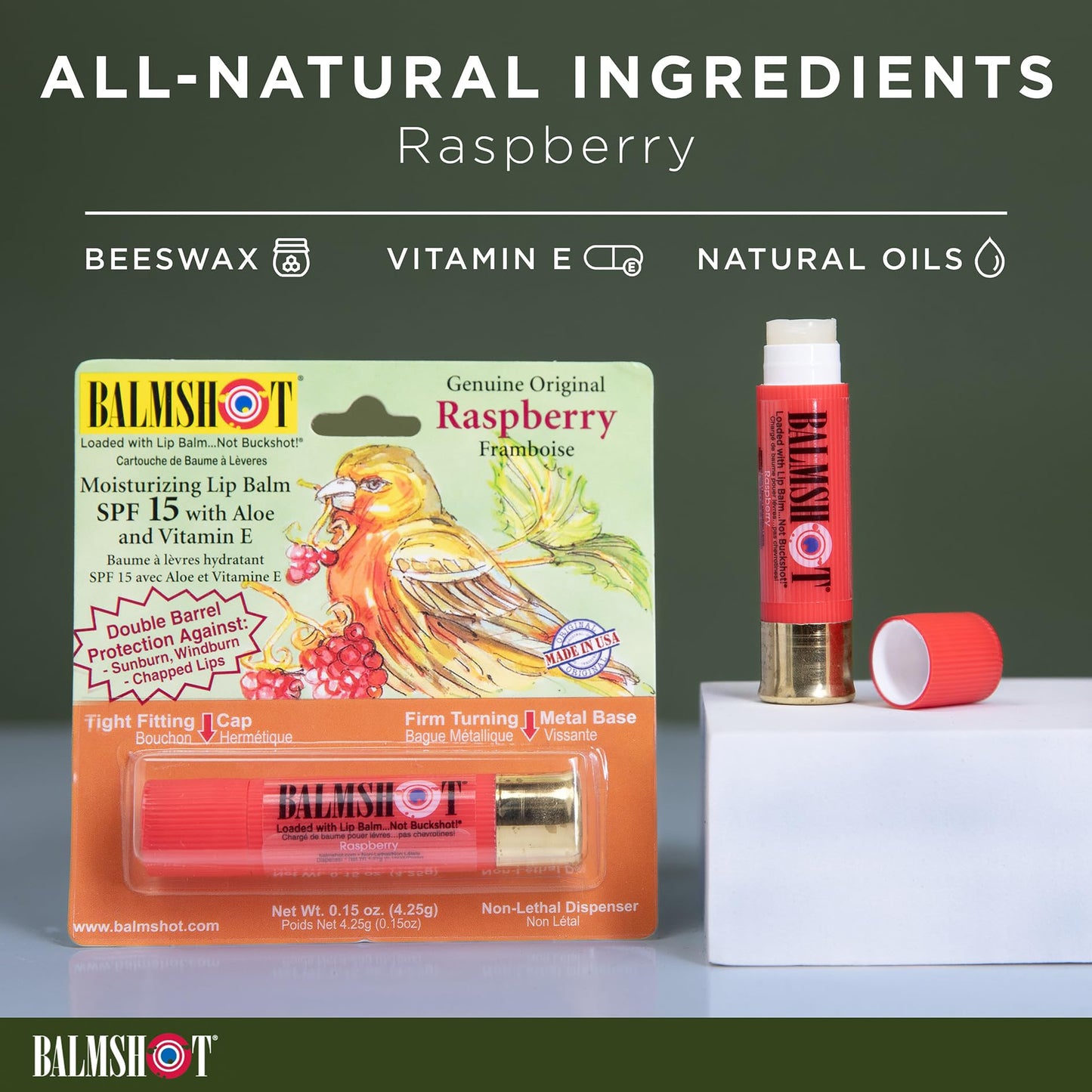 BALMSHOT Raspberry Lip Balm SPF 15 (4-Pack) - Beeswax Chapstick for Dry Chapped Lips, 20-Gauge Brass Shotgun Shell Tube, Heat Resistant, Long Lasting Beauty & Personal Care Balmshot