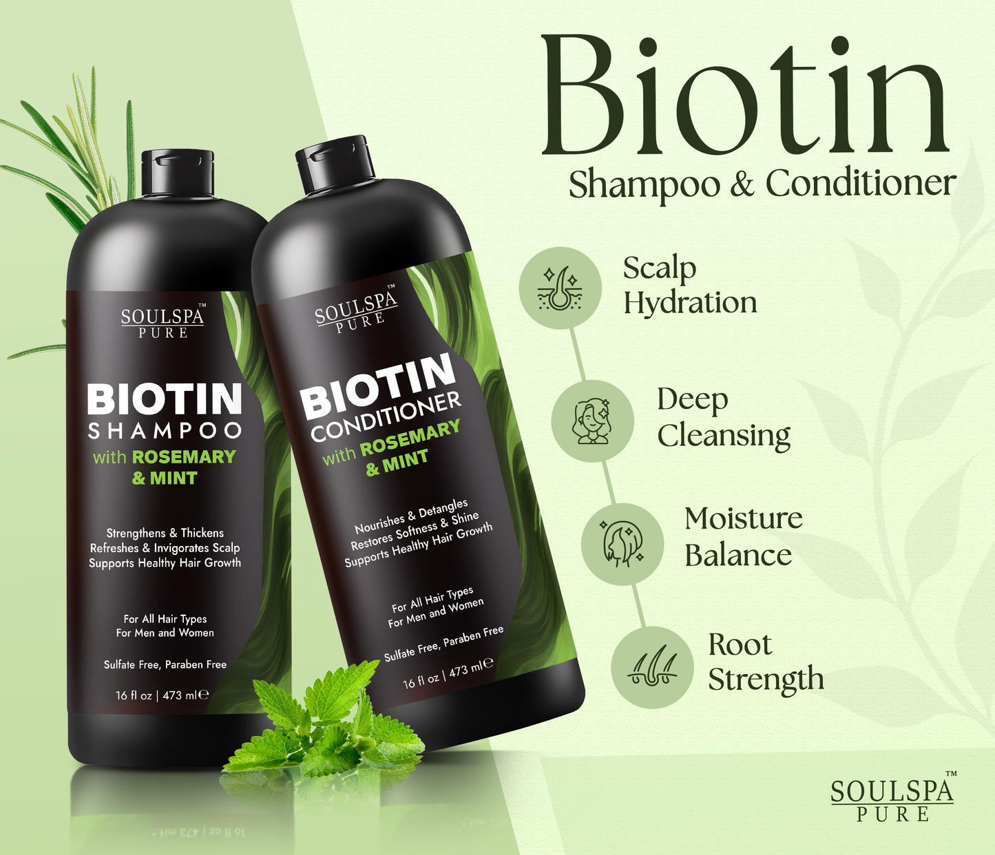 SOULSPA PURE Biotin Rosemary Shampoo and Conditioner Set - Sulfate Free Scalp Care & Hair Strengthening for Thinning, Color-Treated Hair - Rosemary Beauty & Personal Care SOULSPA PURE