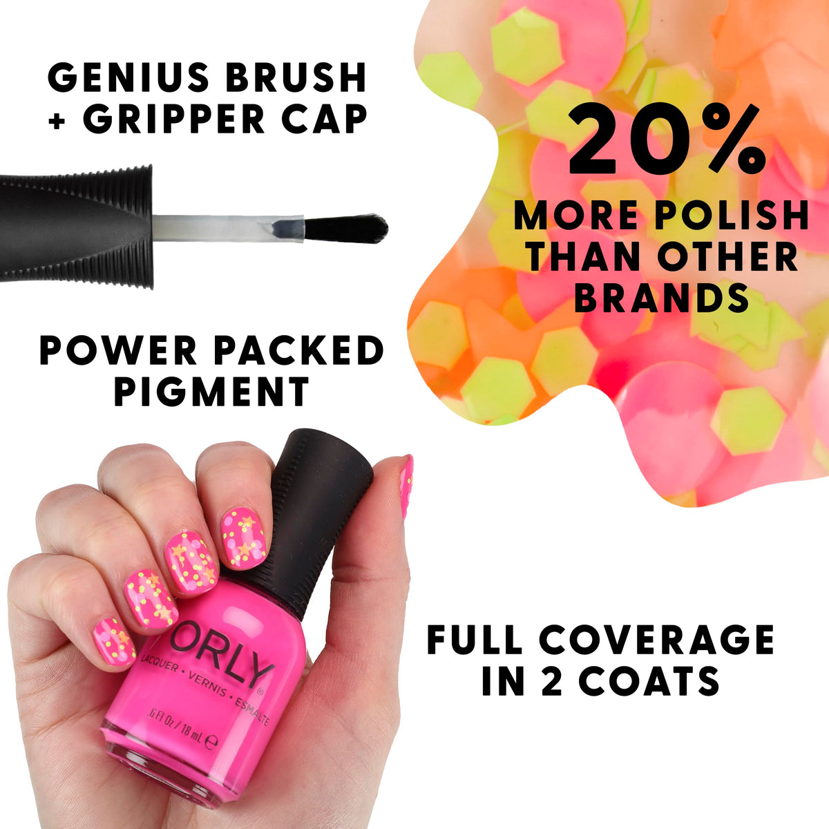 Orly Neon Nail Polish Colors for Summer | Bright Shades and a Confetti Topper for Summer Neon Nails | 0.6fl oz (Hey Bestie, 0.6 fl oz)