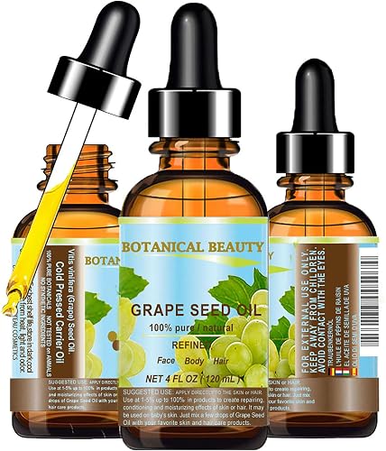 Botanical Beauty GRAPE SEED OIL 100% Pure Natural Undiluted Refined Cold Pressed Carrier Oil for Face, Skin, Body, Hair, Massage, Lip, Nails. 4 Fl Beauty & Personal Care Botanical Beauty