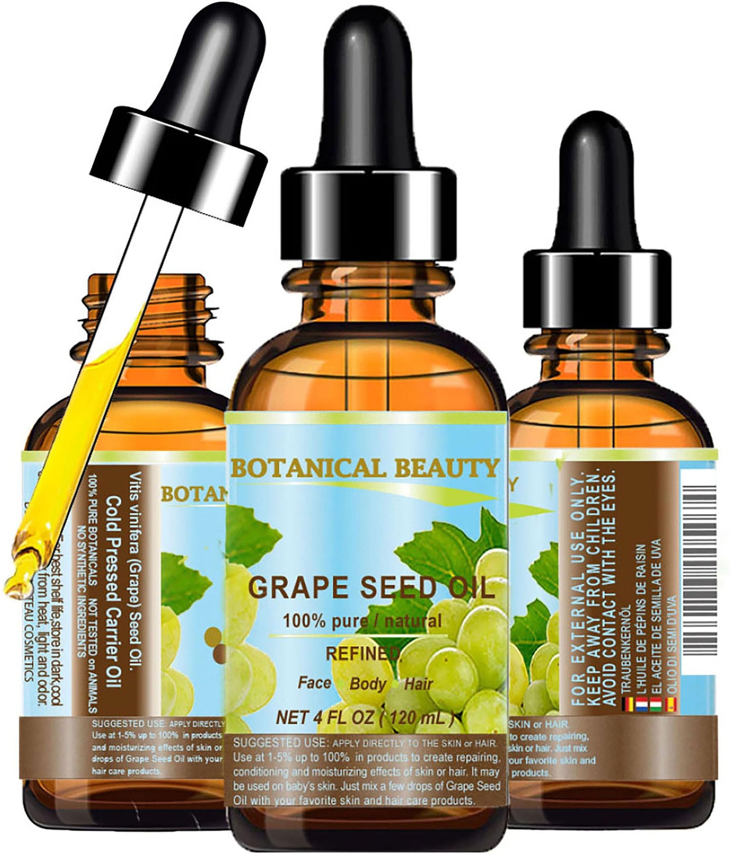 Botanical Beauty GRAPE SEED OIL 100% Pure Natural Undiluted Refined Cold Pressed Carrier Oil for Face, Skin, Body, Hair, Massage, Lip, Nails. 4 Fl Beauty & Personal Care Botanical Beauty